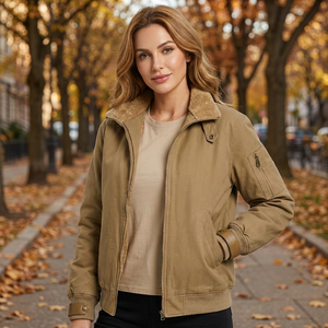 Blouson Bomber Unisexe Personnalisé Doublé Sherpa en Toile Coupe-Vent Décontracté Automne Fermeture Éclair Col Rabattu Coupe Droite Couleur Unie - Product Image 2