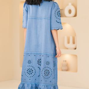 Robe en coton et lin personnalisable à la mode, col rond, décontractée, manches courtes, mi-longue, robe d'été pour femmes - Product Image 5