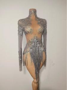 Vestido de una Pieza de Gasa Transparente con Lentejuelas de Agua y Borlas de Azúcar, Disfraz Sexy para Espectáculos de Baile Latino y Animación - Product Image 5