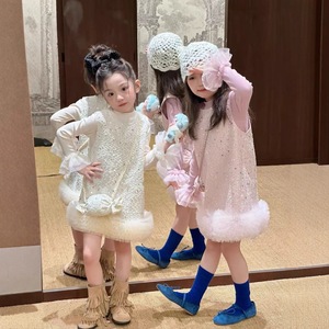 Collezione Primavera/Estate/Autunno 2026: Set Vestito in Cotone con Paillettes a Maniche Lunghe per Bambina, Stile Coreano, Pois e Fiocco, Lunghezza al Ginocchio - Product Image 1