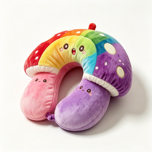 Almohada de viaje suave y afelpada con diseño de hongos, almohada de viaje en forma de U con diseño de arcoíris, almohada de viaje portátil de terciopelo suave con diseño de hongos de colores y cierre a presión para el cuello. - Product Image 1