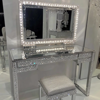 Ensemble coiffeuse de luxe moderne en chêne argenté avec miroir éclairé réglable et tabouret, idéal pour appartement et usage domestique, en bois