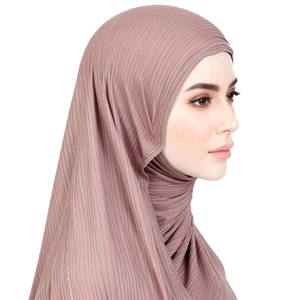 Solid Color Knitted Cotton <b>Islamic</b> Lady Hijab Shawls Rhinestone Dyed Long Headscarf Ethnic Style Plain Hijab New 2026 Design - Product Image 2