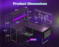 Bureau d'ordinateur en métal en forme de L SENYU avec éclairage LED et étagères de rangement, table de travail multifonctionnelle