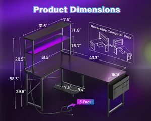 Bureau d'ordinateur en métal en forme de L SENYU avec éclairage LED et étagères de rangement, table de travail multifonctionnelle - Product Image 5