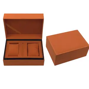 Luxury Orange PU Leather Cover Wooden Double Watch Packaging Gift Box Soft Velvet Pillow Inner Custom Logo Cheaper Price