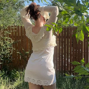 Cárdigan de punto transpirable con encaje dulce y estampado digital para mujer, con lazo de cinta, volantes, estilo Y2K Kawaii, bolero transparente, top informal. - Product Image 5