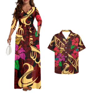 Ropa elegante de talla grande para parejas, estampado de Tapa Polinesia, vestido informal para mujer, fiesta, playa, negro, camisas Aloha a juego personalizadas para hombre - Product Image 5