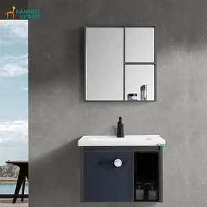 Vanity d'hôtel moderne avec lavabo en céramique et miroir, meuble de salle de bain mural en miroir