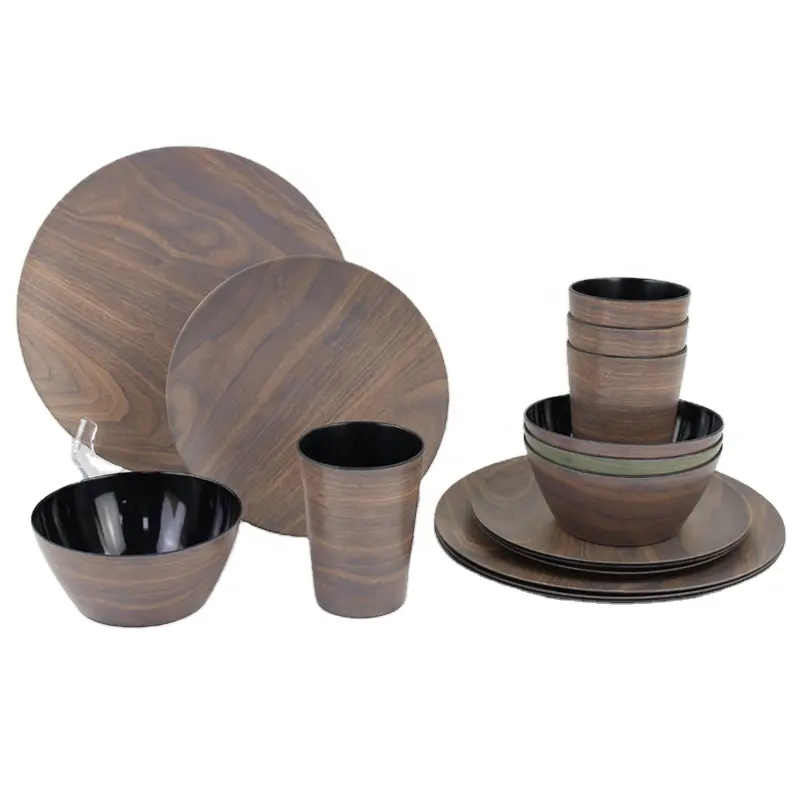 फैक्टरी प्रत्यक्ष Melamine बांस फाइबर लकड़ी अनाज डिजाइन आउटडोर Tableware बांस अनाज डिजाइन बर्तन BBQ के लिए 12pcs सेट