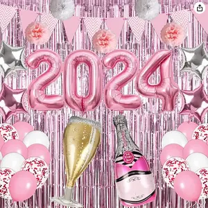 2024 с Новым Годом Украшения из фольги и латексных воздушных шаров с бахромой шторы для новогодних праздничных принадлежностей