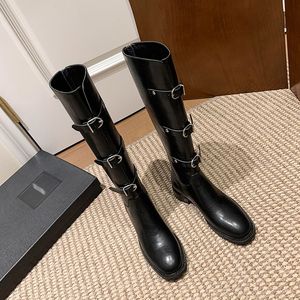 Wholesale Glossy Black Women's Knee Boots Handmade Cowhide Fleece Lining 3cm Square Heel Zip Buckle Front Boots for Winter - Product Image 6