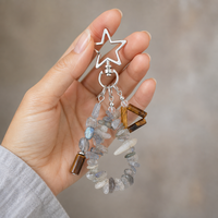 Porte-clés en perles de pierre naturelle, breloque étoile creuse en métal, anneau porte-clés en pierres précieuses, pendentif de sac bohème, cadeau en gros