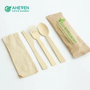 Juego de cubiertos ecológicos desechables de bambú biodegradable, cuchara, tenedor, cuchillo, cubiertos con logotipo personalizado