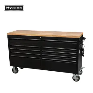 Hyxion美国工具箱不锈钢黑色61英寸橡胶木操作台9抽屉标准插座工具柜