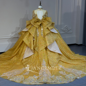 Xs320 Modern Magnificent Gold Holographic Sequin Sweetheart Long Sleeve Crystal Bow <b>Ball</b> <b>Gown</b> Chapel Train Quinceanera Dress - Product Image 3