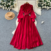 Robe longue élégante pour femmes, rouge, à manches longues, avec empiècements en dentelle, coupe évasée, avec ceinture, pour les occasions décontractées, les fêtes, les vêtements de tous les jours, robes décontractées