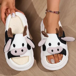 Pareja de algodón antideslizante suela gruesa zapatos de lino lindos dibujos animados casa interior zapatillas mujeres vaca zapatillas