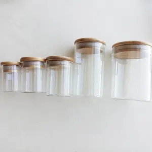 Wood Lid Wide Mouth Clear Borosilicate Glass Jar Spice Storage Jar Kitchen Canisters Set