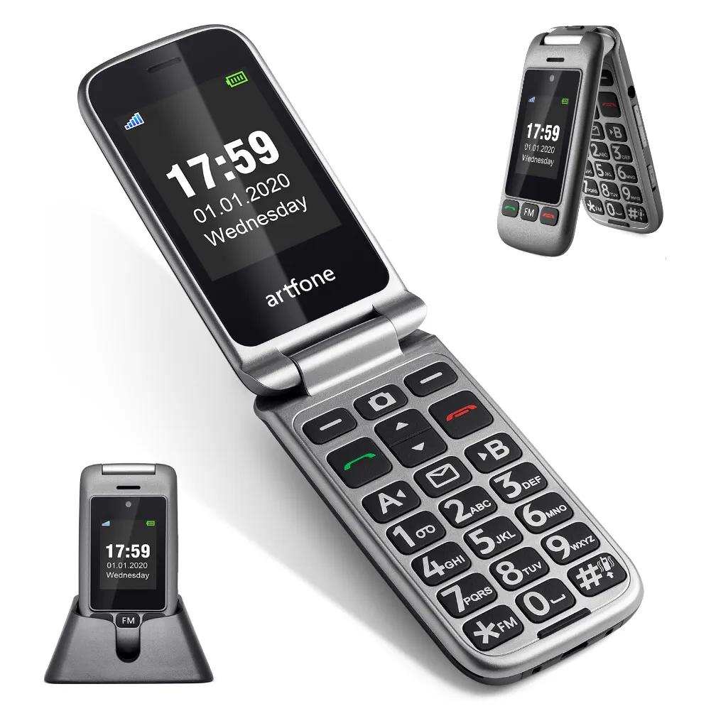 Artfone 4G 수석 플립 전화 S0S 키 속도 다이얼, 충전 크래들, 2.4 "듀얼 스크린/큰 글꼴 큰 스피커 긴 대기