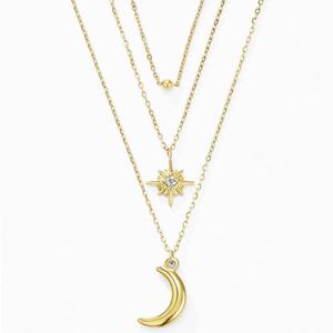 Hot Selling Gold Plated Stainless Steel Necklace With Moon and Eight-Pointed Star Pendant three-Layered Design Chain Necklace - Product Image 1