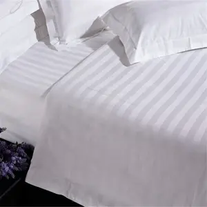 中国供应商批发缎纹床单3CM白色条纹酒店床单