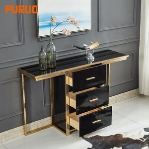 Table <span class=keywords><strong>console</strong></span> de maquillage en <span class=keywords><strong>bois</strong></span> avec ligne festonnée, peinture noire moderne, avec un long tiroir, pieds en métal doré pour le salon, écologique - Product Image 3