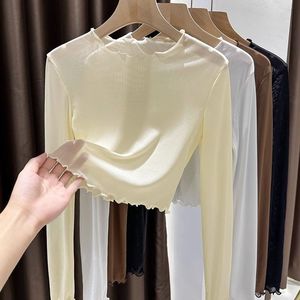 1pcs Spring Autumn Sexy Women T Shirt <strong>See</strong> <strong>Through</strong> Transparent Mesh Lace <strong>Tops</strong> Long Sleeve Sheer Slim Ladies Round-neck T-shirt - Product Image 2