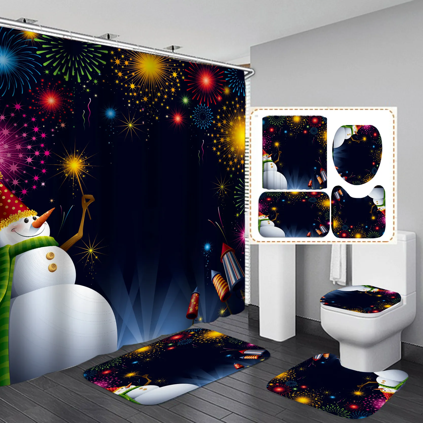 Bathroom suite series Christmas style 4 PCS BATHROOM SET with bath mat, SHOWER CURTAIN