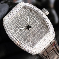 Montre mécanique unisexe de luxe en acier inoxydable, forme tonneau, sertie de moissanite, étanche au quotidien, best-seller