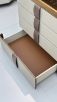 Meuble de rangement de luxe multi-tiroirs pour bijoux, en cuir microfibre et placage de noyer, avec plateau en verre, pour dressing