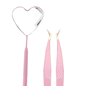 Stainless Steel Eyelash Tweezers Gold Plasma Tip And <b>pink</b> <b>Powder</b> coated Color Eyelash Tweezer 45 Degree And Eyelash mirror - Product Image 1