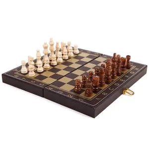 3-em 1 Leather Chess Board Peças de xadrez de madeira Backgammon Checkers Game Gift Choice para crianças e adultos 2 jogadores