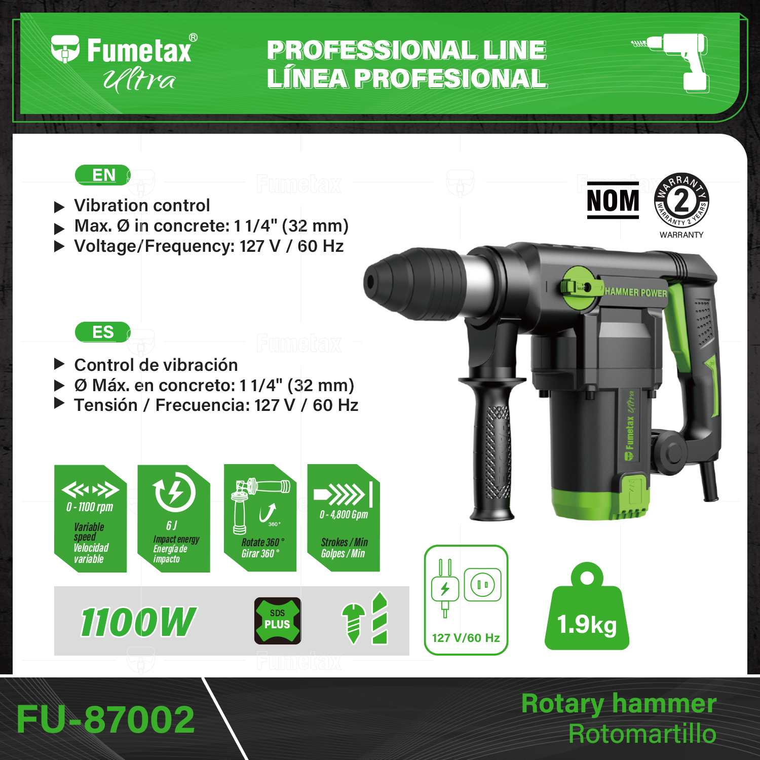 Fumetax High-performance DC Motor Electric Hammer Drill 6J Impact Energy Max Drilling Diameter 11/4 (28mm) Electric Tools Set