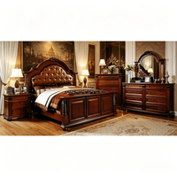 Massivholz-Luxusbett mit Echtleder-Polsterkopfteil Antikes Schlafzimmermöbel-Set mit Aufbewahrungsschubladen für Zuhause, Hotel, Villa