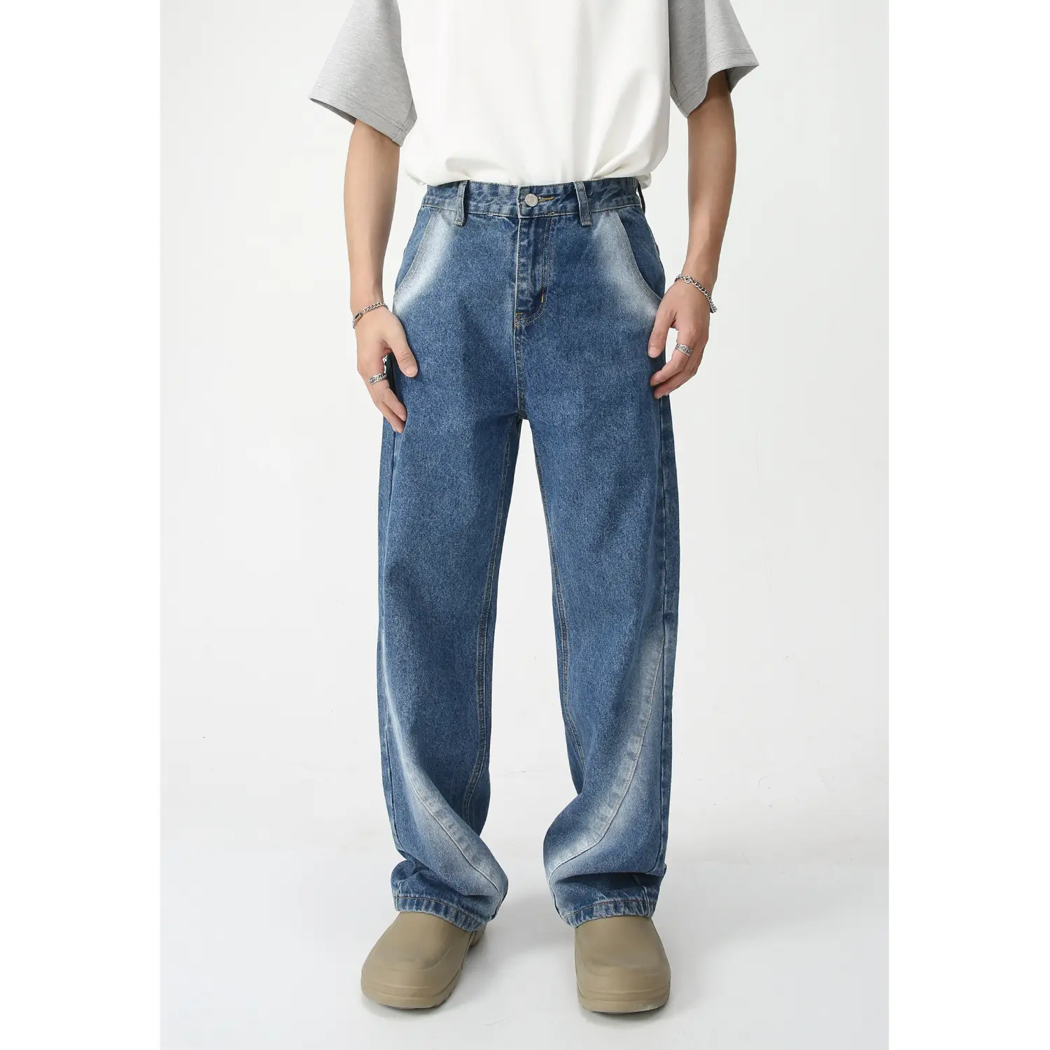 2023 sonbahar yüksek moda gençlik yetişkin kot kravat boyalı geniş bacak düz pantolon Vintage erkek Denim pantolon