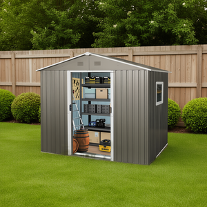 D0100HR7YYX Metal Storage Shed 8ft X 6ft <b>Grey</b> Gable Style Outdoor Steel <b>Frame</b> Powder Coated Easily Assembled - Product Image 2