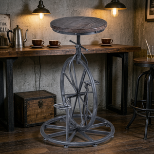 Sgabello da Bar Moderno in <span class=keywords><strong>Legno</strong></span> e <span class=keywords><strong>Ferro</strong></span> con Seduta Rotonda in <span class=keywords><strong>Legno</strong></span>, Design Ispirato alle Biciclette Commerciali - Product Image 4