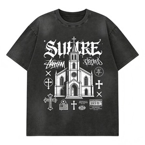 T-shirt oversize vintage noir délavé avec motif croix gothique et religieuse, streetwear unisexe à manches courtes - Product Image 1
