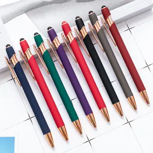 customized laser engraved custom logo soft rubber coating rubberized metal ballpoint pen with rose gold trims-black ink