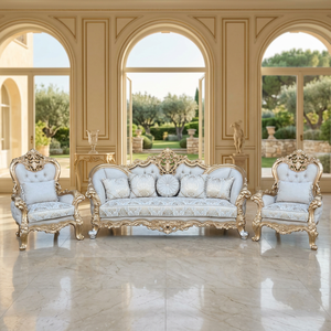 Luxury Convertible Traditional Teak Wood Antique <b>Gold</b> 5 Seater <b>Sofa</b> Set Royal Carved Detailing Premium Upholstery Living Room - Product Image 3