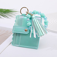 Gelang Kulit+Silikon Manik-Manik Laris Manis, Tempat Kartu Gantungan Kunci Wanita, Dompet Kartu Holografik Warna Macaron, Rumbai Pergelangan Tangan Wanita