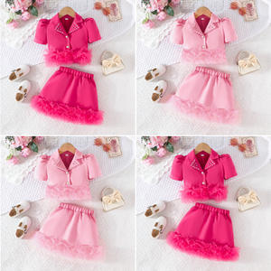 Kız Çocuk Yazlık Elbise Düz Renk Takım Yaka Boncuklu Ceket + File Dantel Etek Seti Tatlı Stil Kamgarn Kumaş - Product Image 2