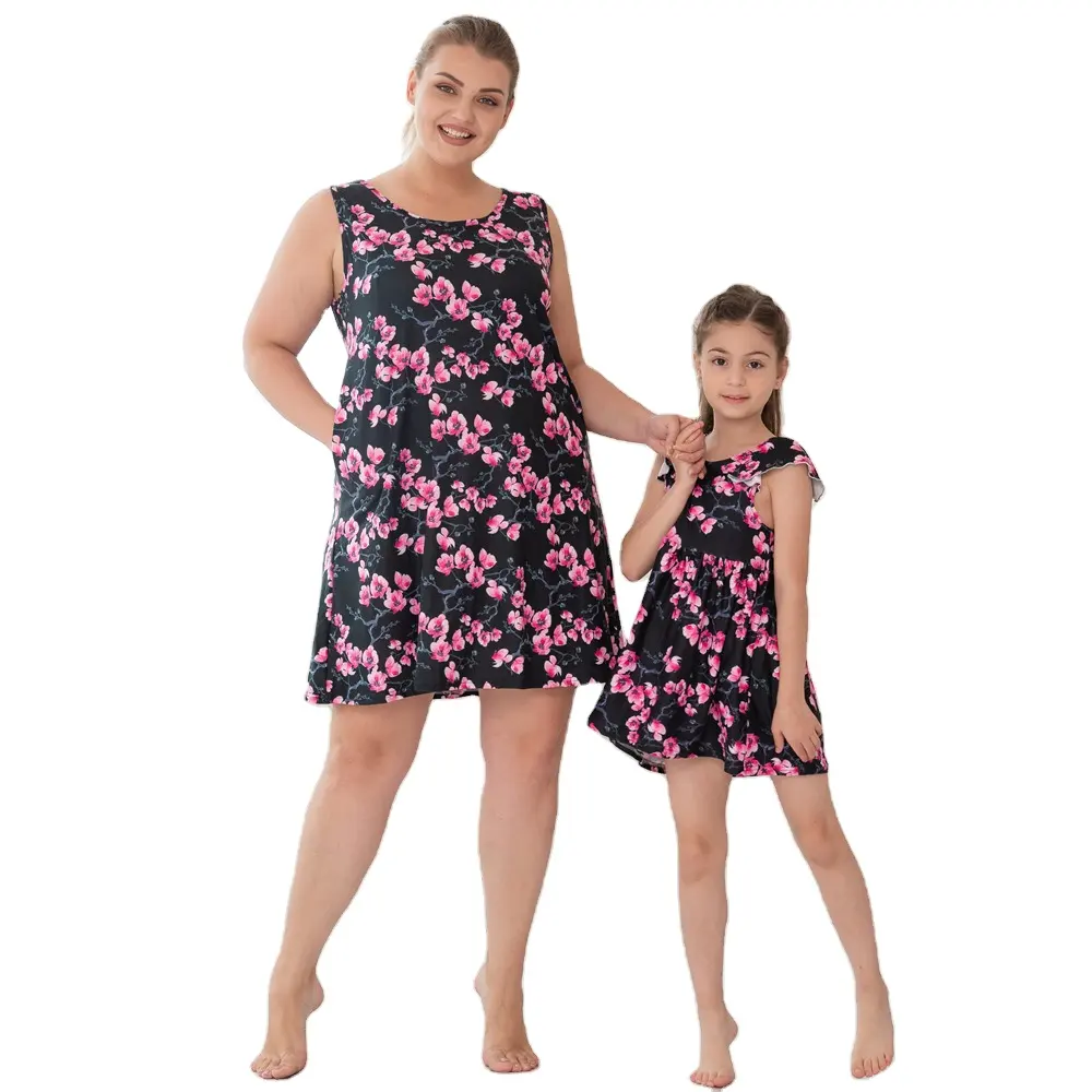 2021 Sommerkleid ung Bekleidung Frauen Neues ärmelloses Kleid Super Soft Stretch Hochwertige Kinder Print Bloom Pink Flowers Kleider