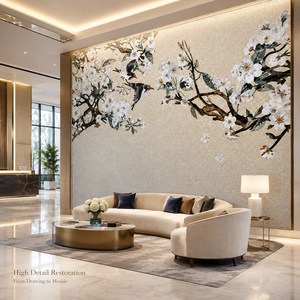 Mosaico in Pietra Fatto a Mano Personalizzato, Murale con Fiori e Uccelli, Piastrelle a Mosaico per Decorazione Murale, Pannello in Mosaico di Marmo - Product Image 2