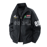 Blouson Bomber Court Noir Style Baseball pour Hommes, Motif Graphique de Course, Logo Brodé, Veste Moto, Vente en Gros