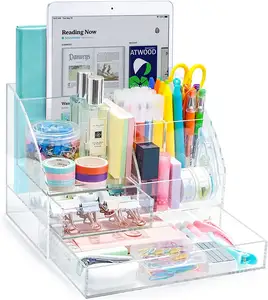 Boîte de rangement de bureau en acrylique avec 2 tiroirs coulissants, accessoires de bureau transparents, organisateur de stylos de papeterie pour le bureau caractéristiques