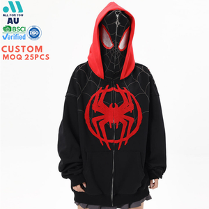 Felpa con <span class=keywords><strong>Cappuccio</strong></span> Oversize Personalizzata con Zip Integrale, Ricamo <span class=keywords><strong>Spiderman</strong></span>, Doppio <span class=keywords><strong>Cappuccio</strong></span> per Uomo - Product Image 1