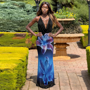 ชุดเดรสลำลองสำหรับวันหยุดพักผ่อนริมชายหาดฤดูร้อนปี 2026 ลายดอกไม้ดิจิทัลตัดต่อผ้าตาข่าย คอวัว สายคล้องคอ ยาวถึงพื้น เอวธรรมชาติ - Product Image 2