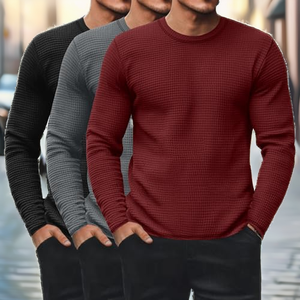 Camisetas de Manga Larga para Hombre, Cuello Redondo, Tejido Waffle, Logotipo Frontal, Transpirables, Paquete de 3, Camisetas Básicas Suaves e Informales - Product Image 2